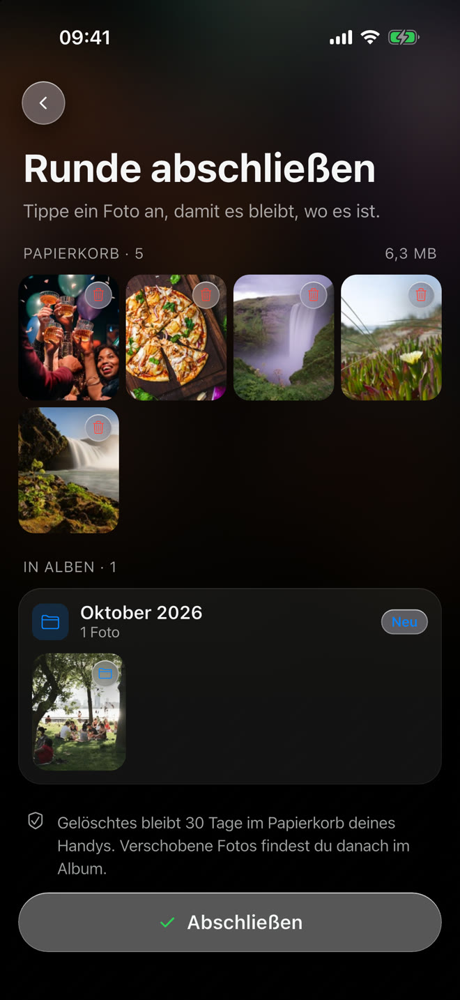 Kuralo Papierkorb-Check am Ende einer Runde mit fünf Fotos im Papierkorb